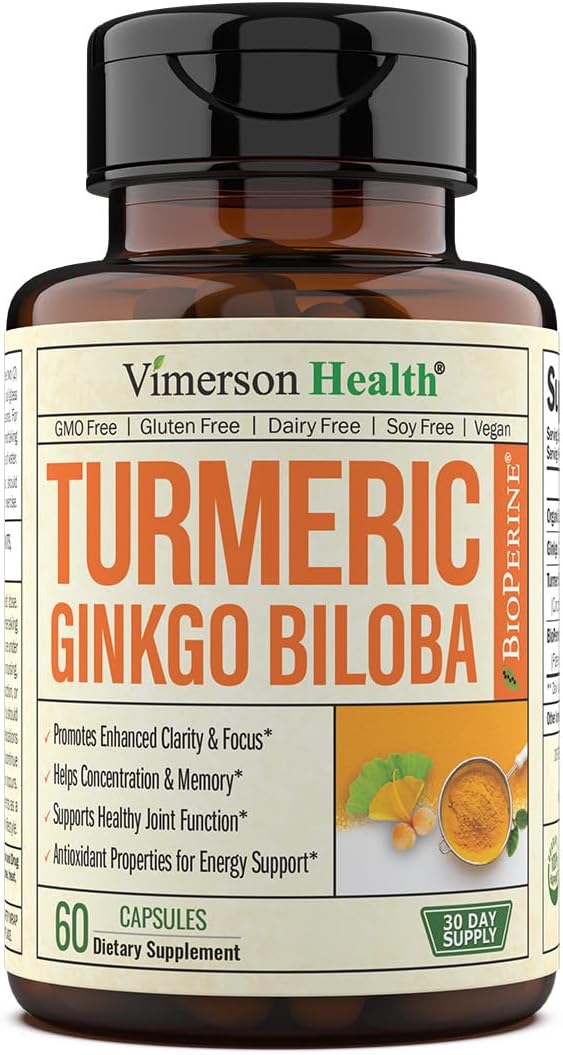 Turmeric Curcumin & Ginkgo Biloba Supplements with Bioperine Black Pepper - Vegan Joint Support Supplement with Organic Tumeric - Aids Brain Clarity, Focus, Memory, and Concentration. 60 Capsules
