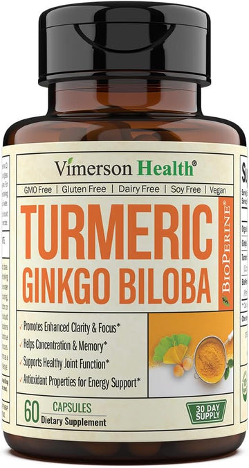 Turmeric Curcumin & Ginkgo Biloba Supplements with Bioperine Black Pepper - Vegan Joint Support Supplement with Organic Tumeric - Aids Brain Clarity, Focus, Memory, and Concentration. 60 Capsules