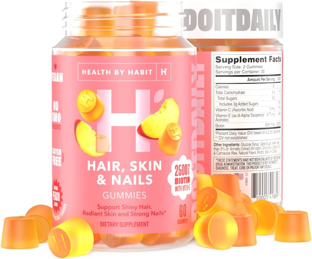 Health By Habit Hair, Skin and Nails Supplement (60 Gummies) - 2500mcg Biotin, Vitamin C, Vitamin E, Strong Nails, Peach Flavor, Vegan, Gluten Free, Non-GMO