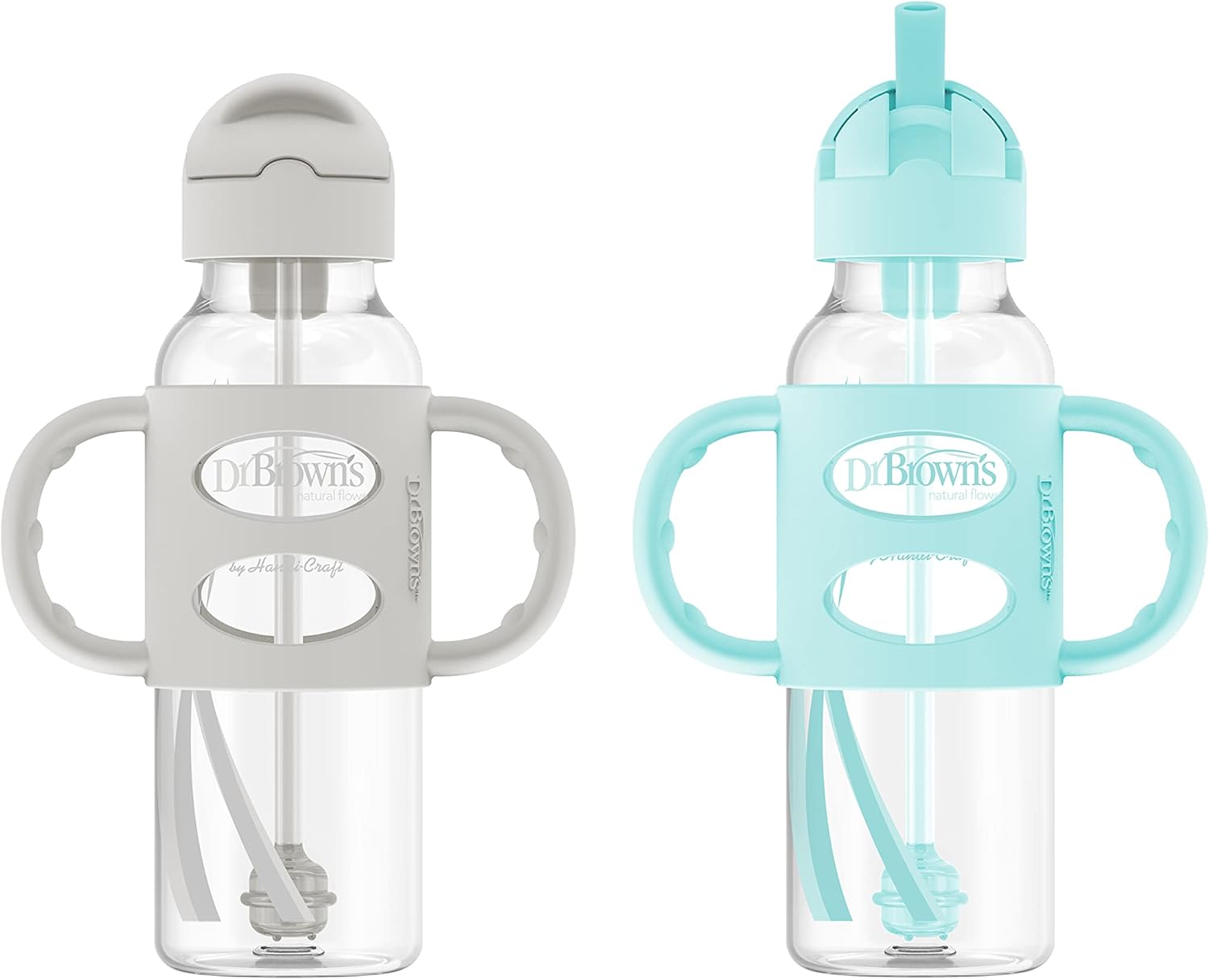 Dr. Brown'S Milestones Narrow Sippy Straw Bottle, Spill-Proof With 100% Silicone Handles And Weighted Straw, 8 Oz/250 Ml, Gray & Green, 6M+