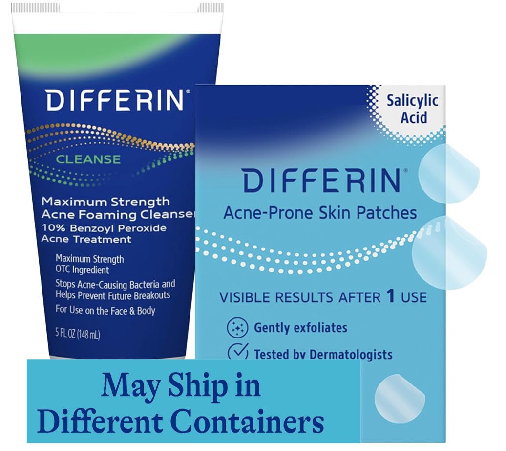 Differin 10% Benzoyl Peroxide Cleanser And Patch Set: 36 Power Patches, 18 Large And 18 Small Patches For Acne-Prone Skin And Acne Foaming Cleanser With 10% Bpo Acne Treatment