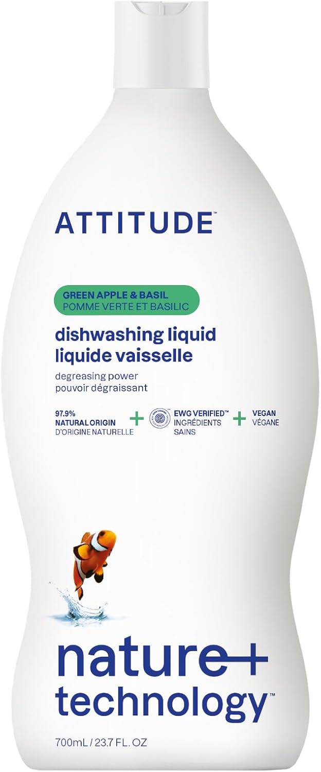 Attitude Dishwashing Liquid, Ewg Verified, Vegan Dish Soap, Plant Based, Naturally Derived Products, Green Apple And Basil, 23.7 Fl Oz