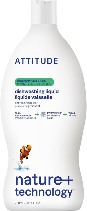 ATTITUDE Dishwashing Liquid, EWG Verified, Vegan Dish Soap, Plant Based, Naturally Derived Products, Green Apple and Basil, 23.7 Fl Oz