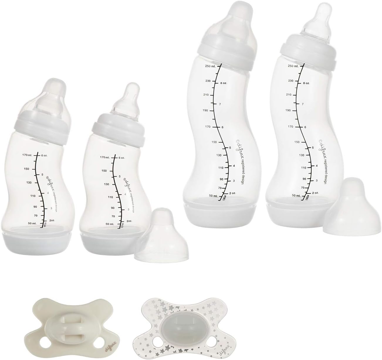 Difrax Baby Bottle Set 0-6 Months - Baby Newborn Drinking Bottle - Anti Colic - Good Acceptance - 2 X 170 Ml - 2 X 250 Ml - 1 X Dummy 0-6 Months - 1 X Glow In The Dark Dummy - White - 6 Pieces