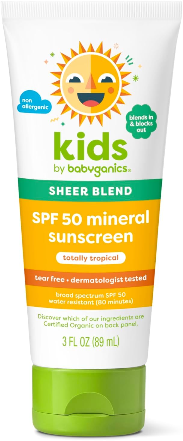 Babyganics Spf 50 Mineral Sunscreen Lotion, Sheer Blend, Uva Uvb Protection, Octinoxate & Oxybenzone Free, Water Resistant, Totally Tropical, 3 Oz