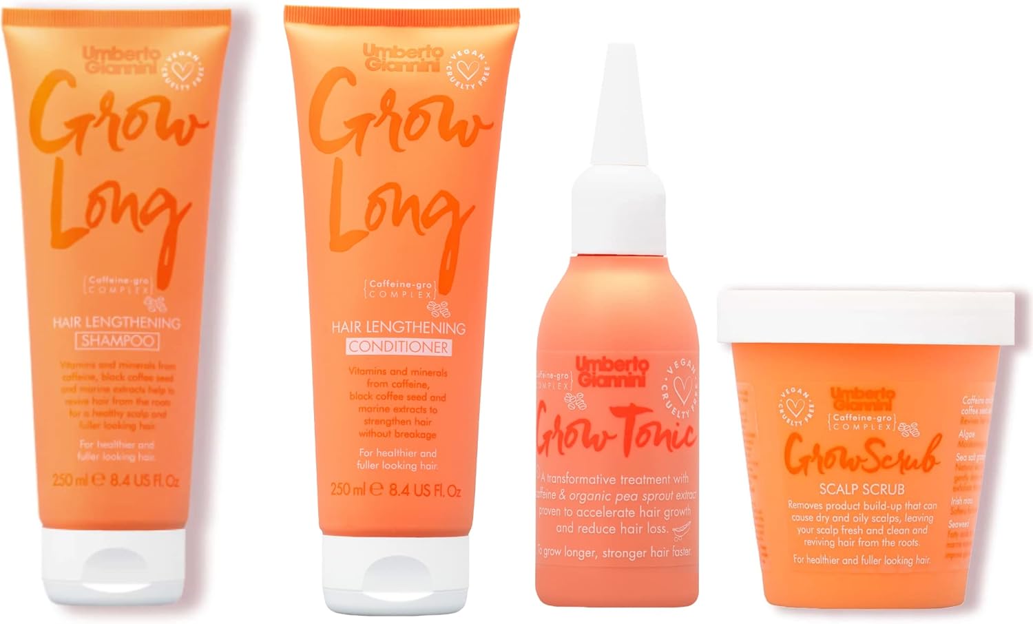 Umberto Giannini Grow Long - The Full Longer Hair Collection - Shampoo, Conditioner, Scrub & Tonic. Vegan & Cruelty Free Styling Kit For Thin Hair And Hair Loss