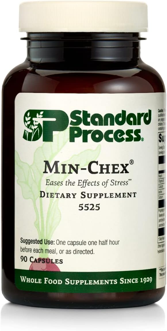 Standard Process Min-Chex - Whole Food Nervous System Supplement, Stress Relief With Soy Protein, Ascorbic Acid, Wheat Germ, Vitamin B6, Niacin, Iodine - 90 Capsules