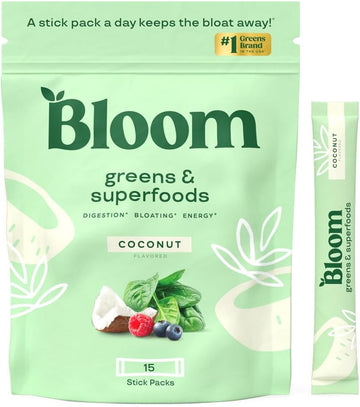 Bloom Nutrition Superfood Greens Powder Stick Packs, Digestive Enzymes With Probiotics And Prebiotics, Gut Health, Bloating Relief For Women, Chlorella, Green Juice Mix, 15 Svg, Coconut