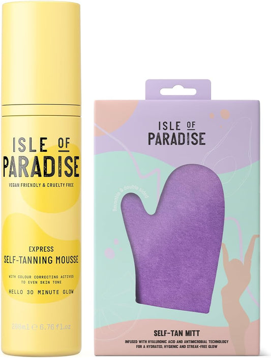 Isle of Paradise Express Self-Tanning Mousse 200ml + Isle of Paradise Hyaluronic Infused Double Sided Self-Tan Applicator Mitt : Amazon.co.uk: Beauty