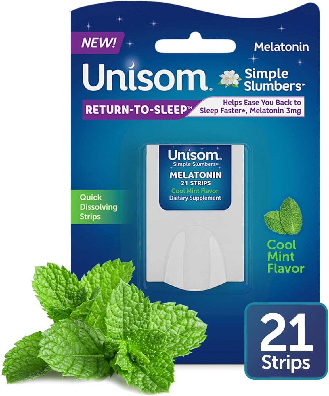 Unisom Simple Slumbers Return-To-Sleep Dissolving Strips 21-Count, Melatonin 3Mg, Cool Mint