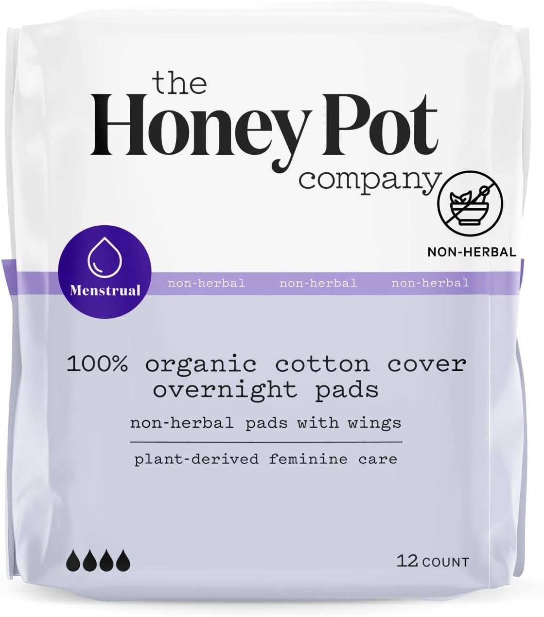 The Honey Pot Company - Non-Herbal Overnight Pads with Wings - Organic Pads for Women - Cotton Cover, and Ultra-Absorbent Pulp Core. 12 ct