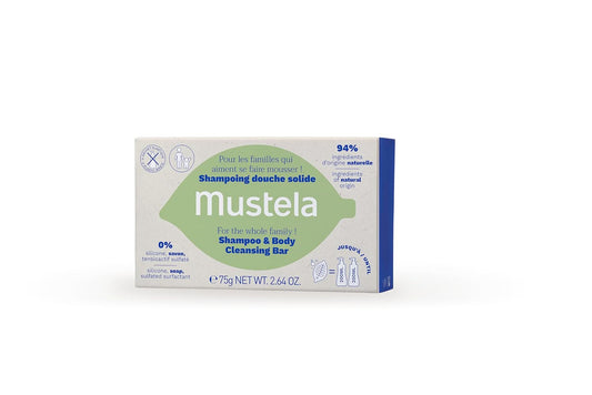 Mustela Solid Shampoo & Body Cleansing Bar For Baby, Kid & Adult - With Avocado Oil & Olive Oil - Fragrance-Free, Plastic-Free, Vegan & Biodegradable Formula - 2.64 Oz