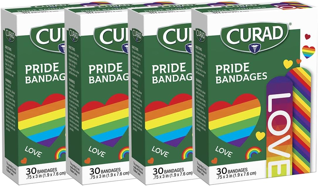 Curad Pride Bandages, 2 Designs, Plastic, Standard Bandages Are .75" X 3", 30 Count (4 Pack)