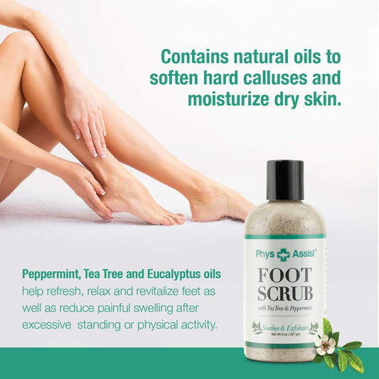 PhysAssist Foot Scrub 8 oz. with Tea Tree, Peppermint Soothes and Exfoliates Promoting a Deep Cooling Sensation Leaving Feet Feeling Calm and Refreshed