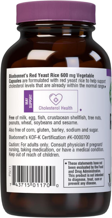Bluebonnet Nutrition Red Yeast Rice 600 Mg, Non-Gmo, Vegan, Kosher Certified, Gluten-Free, Soy-Free, Dairy-Free, 60 Vegetable Capsules, 60 Servings