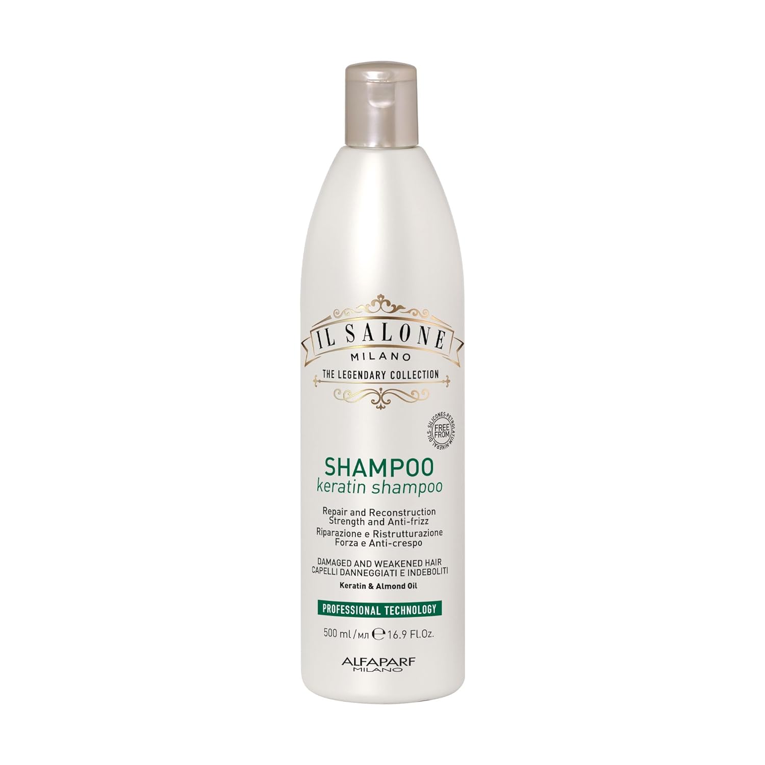 Il Salone Milano Professional Keratin Shampoo For Damaged Hair - Cleansing Shampoo + Dry Hair Treatment - Made With Almond Oil & Vitamin E (16.9 Oz / 500 Ml)