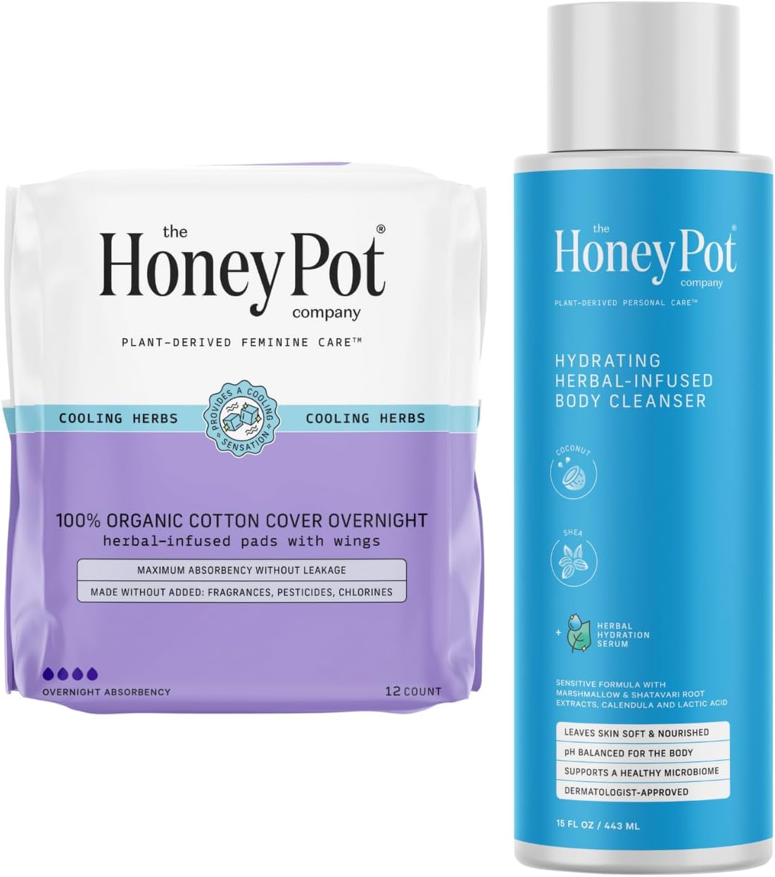 The Honey Pot Company - Overnight Pads & Coconut Shea Body Cleanser Bundle - Herbal Infused W/Essential Oils - Body Wash To Moisturize & Cleanse Skin - Sanitary Pads - Feminine Care - Fsa & Hsa