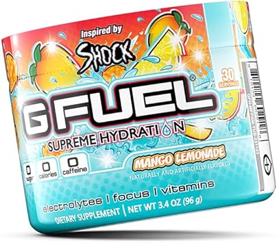 G Fuel Mango Lemonade Electrolytes Powder, Water Mix For Hydration, Energy And Focus, Sugar Free, Zero Caffeine Supplement With Essential Minerals, Mango Lemonade Flavor, 3.4 Oz (30 Servings)