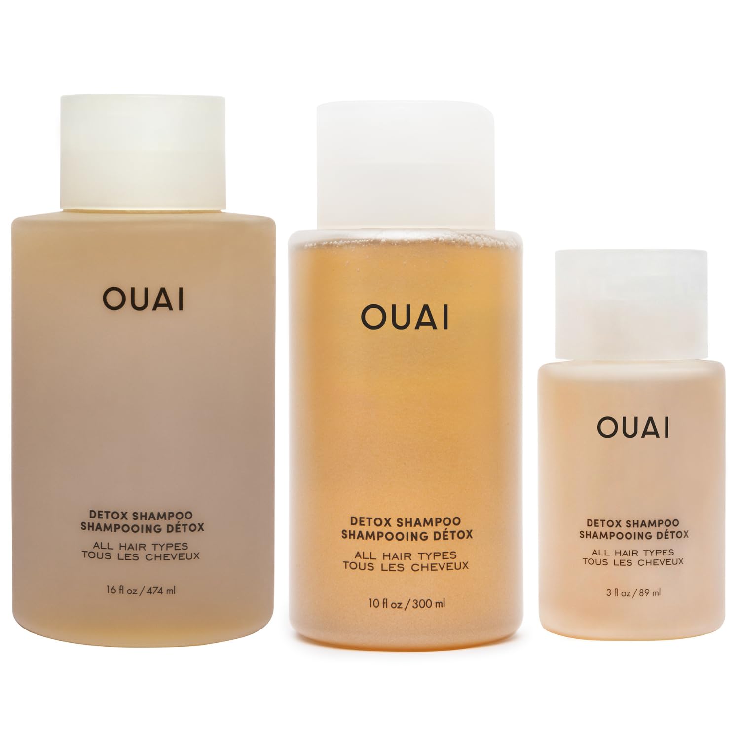 OUAI Detox Shampoo Bundle - Clarifying Shampoo for Build Up, Dirt, Oil, Product & Hard Water - With Apple Cider Vinegar & Keratin - Sulfate-Free Hair Care (3 Count, 3oz/10oz/16oz)