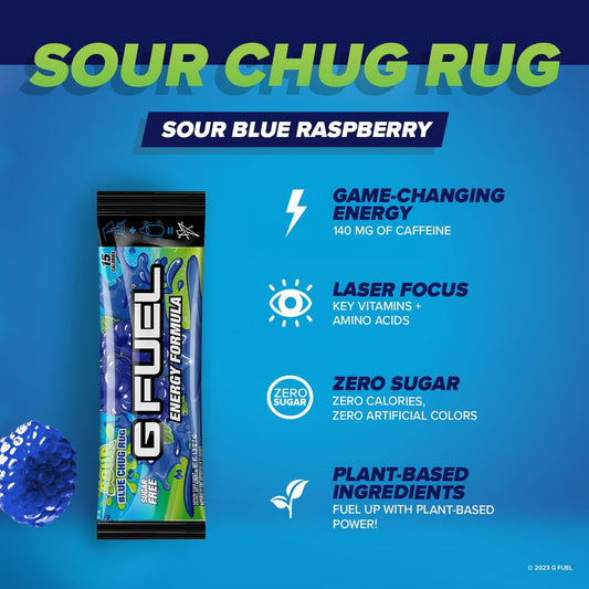 G Fuel Faze Rug Energy Powder Packets, Sugar Free, Clean Caffeine Focus Supplement, Water Mix, Sour Blue Raspberry Flavor, Focus Amino, Vitamin + Antioxidants Blend - 6 Stick Pack, 0.25 Oz