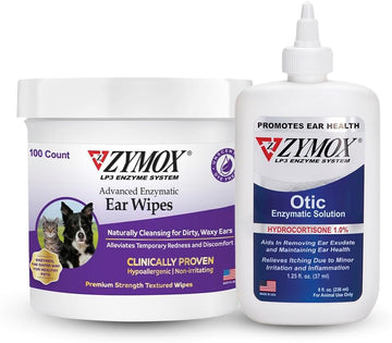 Zymox Enzymatic Ear Wipes And Otic Ear Solution For Dogs And Cats - Product Bundle - For Dirty, Waxy, Smelly Ears And To Soothe Ear Infections, 100 Count Wipes And 8Oz Bottle