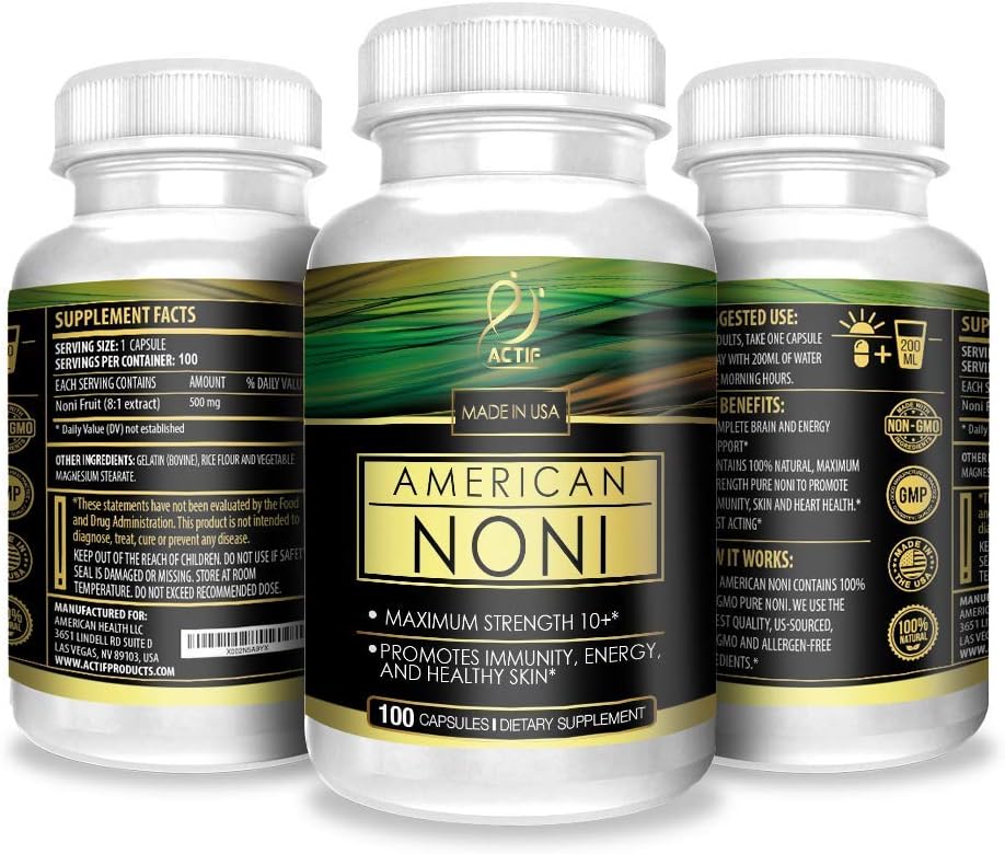 Actif Organic Noni Maximum Strength - 100% Natural Hawaiian Noni, Non-GMO, Made in USA, 100 Count : Health & Household