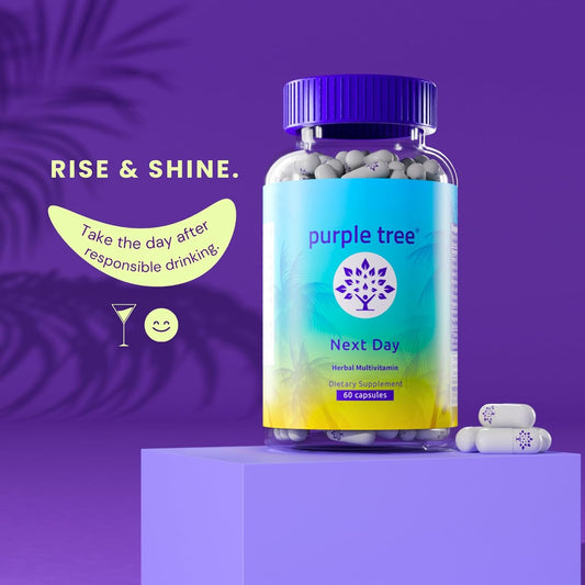 Purple Tree Next Day, Post-Celebration Wellness - Take Tomorrow | Replenish & Feel Your Best | Ashwagandha, Ginger, Peppermint, Milk Thistle, Electrolytes, Vitamins, 30 Pills