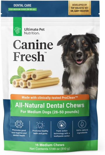 Ultimate Pet Nutrition Canine Fresh Dental Chews, Dental Dog Treats, Oral Care And Hygiene Chews, Soothes Gums, Vet Developed, 15 Chews (Medium)