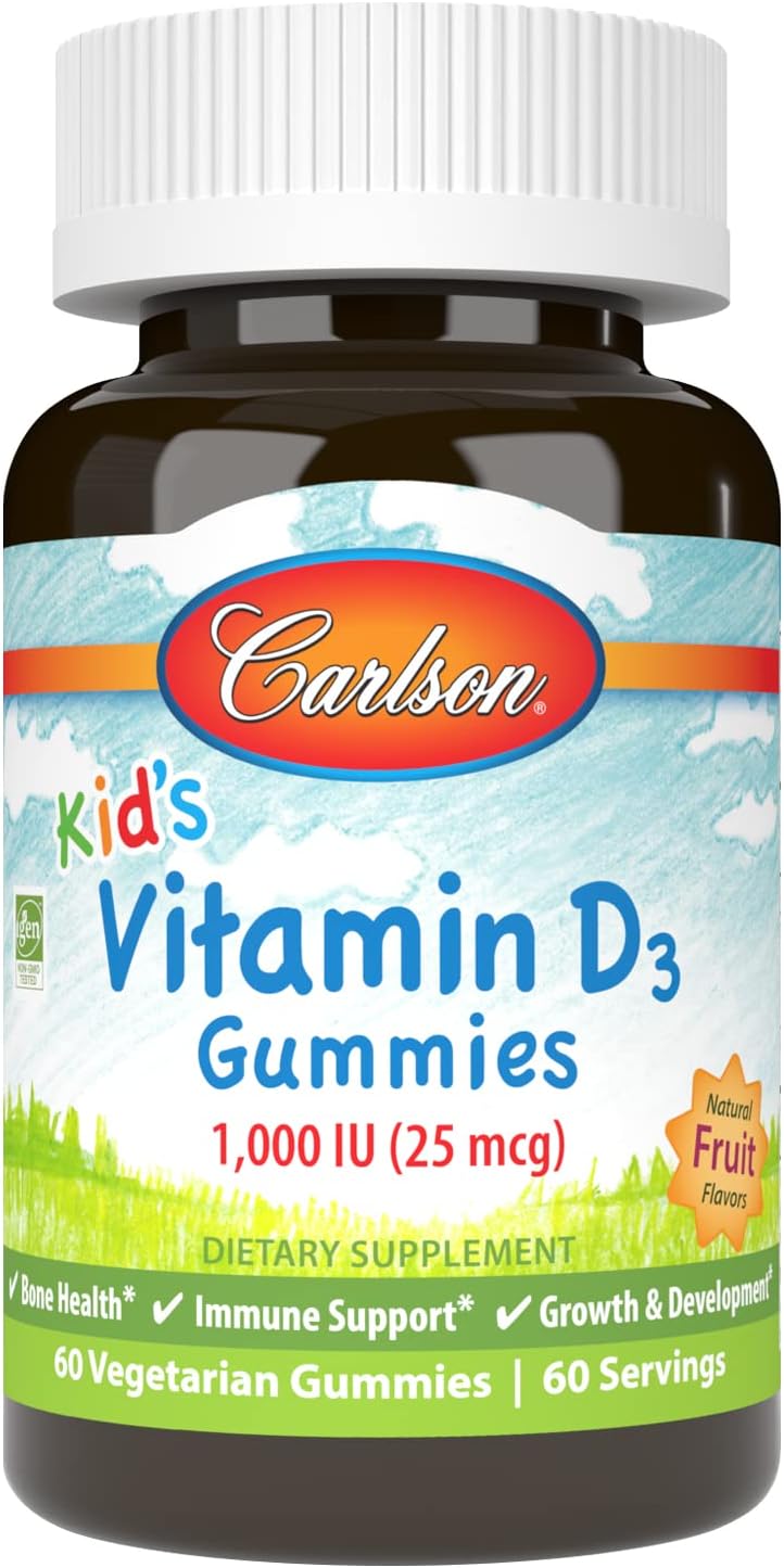 Carlson - Kid's Vitamin D3 Gummies, 1000 IU (25 mcg), Bone Health & Immune Support, Growth & Development, Vitamin D Gummies, D3 Gummy Vitamins, Natural Fruit avors, 60 Vegetarian Gummies