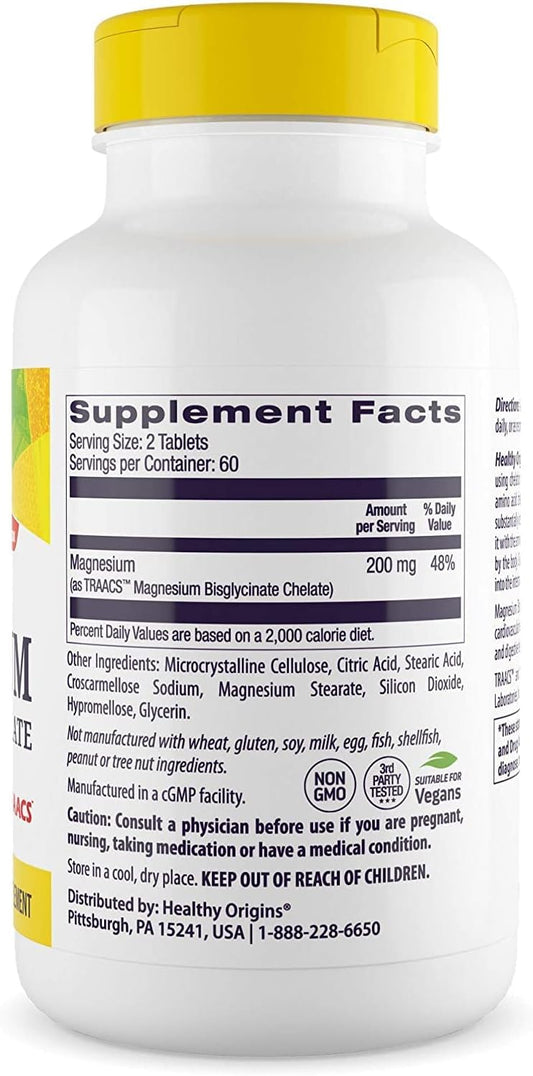 Healthy Origins Magnesium Bisglycinate Chelate (TRAACS) - Chelated Magnesium for Brain & Heart Health - Albion Magnesium Supplement - Unbuffered Supplements - 120 Tablets