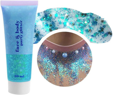 Beliky Girl Body Glitter Gel, 50Ml Face Glitters Body Gel Sequins Shimmer Liquid Eyeshadow, Mermaid Sequins Liquid Holographic Glitter Gel, Chunky Glitter For Face Hair Nails (Lake Blue)