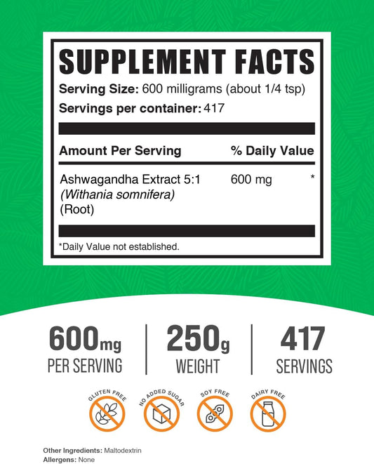BULKSUPPLEMENTS.COM Ashwagandha Root Extract Powder - Ashwagandha Supplement, Ashwagandha Powder - from Ashwagandha Root - Vegan & Gluten Free, 600mg per Serving, 250g (8.8 oz) (Pack of 1)