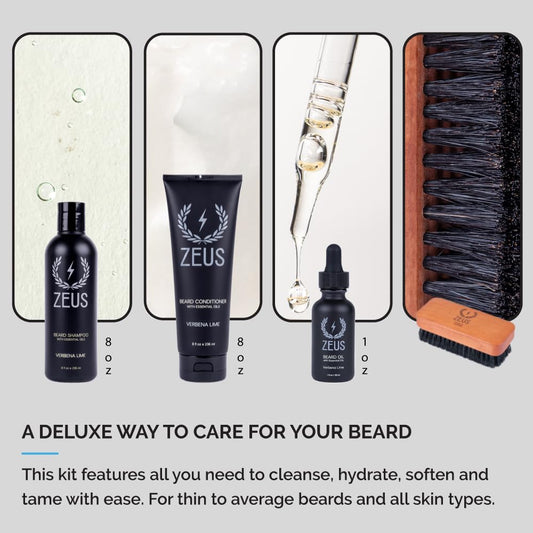 Zeus Deluxe Beard Grooming Set For Men, Premium Natural Beard Wash, Oil & Brush Gift Kit For Soft, Healthy Beard Care (Sandalwood)