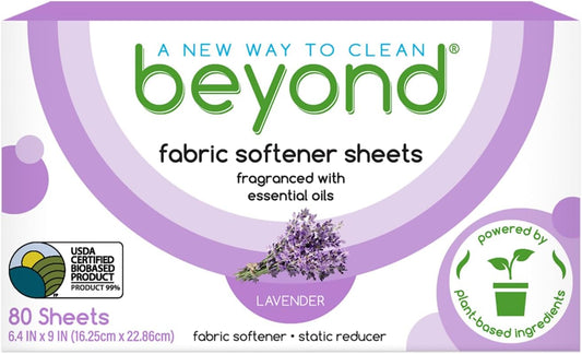 Beyond Fabric Softener Sheets (80 Sheets) - Lavender Scent - Eco-Friendly Plant-Based Dryer Sheets. Removes Static Cling. Recyclable Packaging