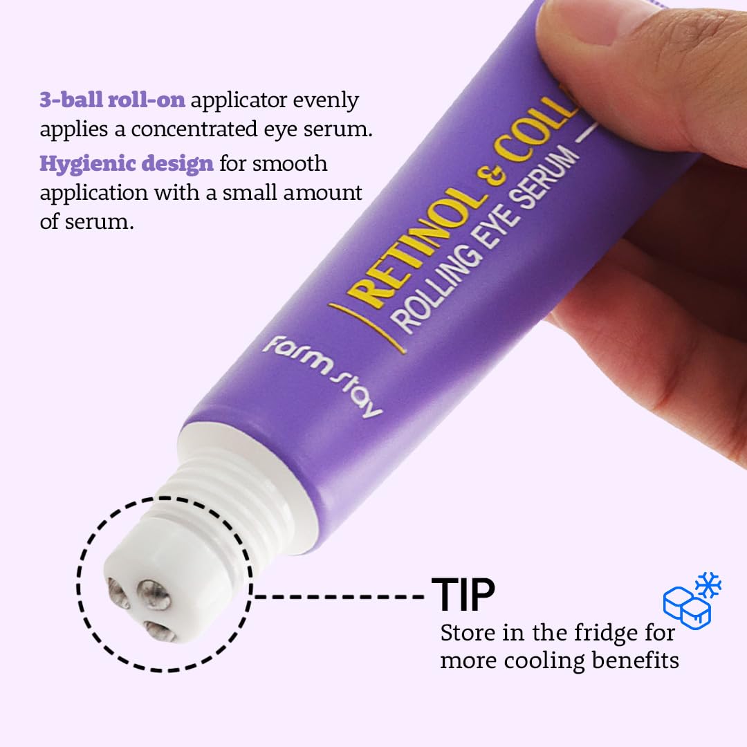 Farmstay Retinol & Collagen Rolling Eye Serum For Dark Circles And Puffiness - Puffy Eye Bags, Fine Lines, Dark Circles, And Wrinkles Correction Eye Serum - Korean Eye Cream 0.84 Fl. Oz