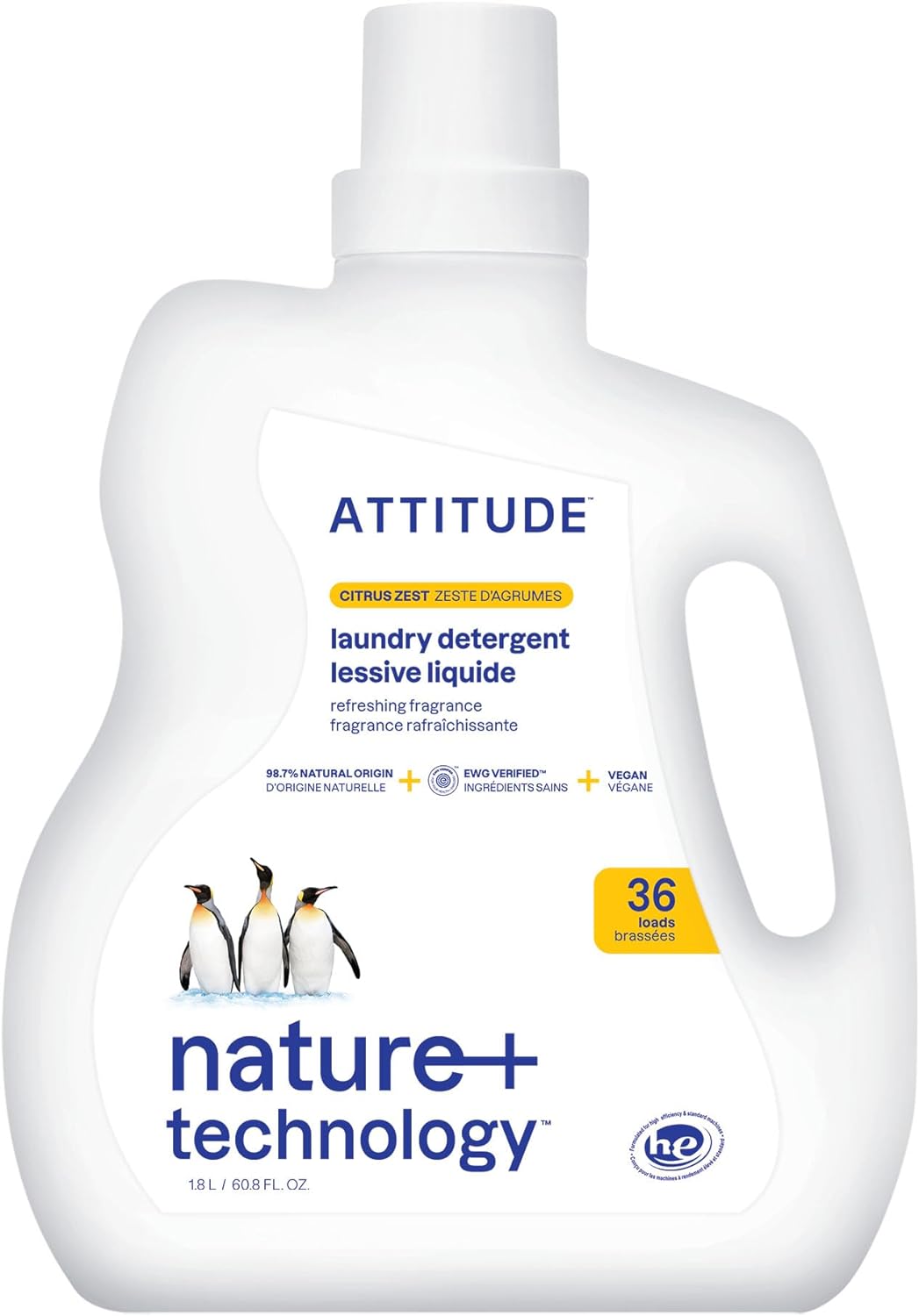 Attitude Liquid Laundry Detergent, Ewg Verified Laundry Soap, 36 Loads, He Compatible, Vegan, Plant Based Products, Cruelty-Free, Citrus Zest, 60.8 Fl Oz