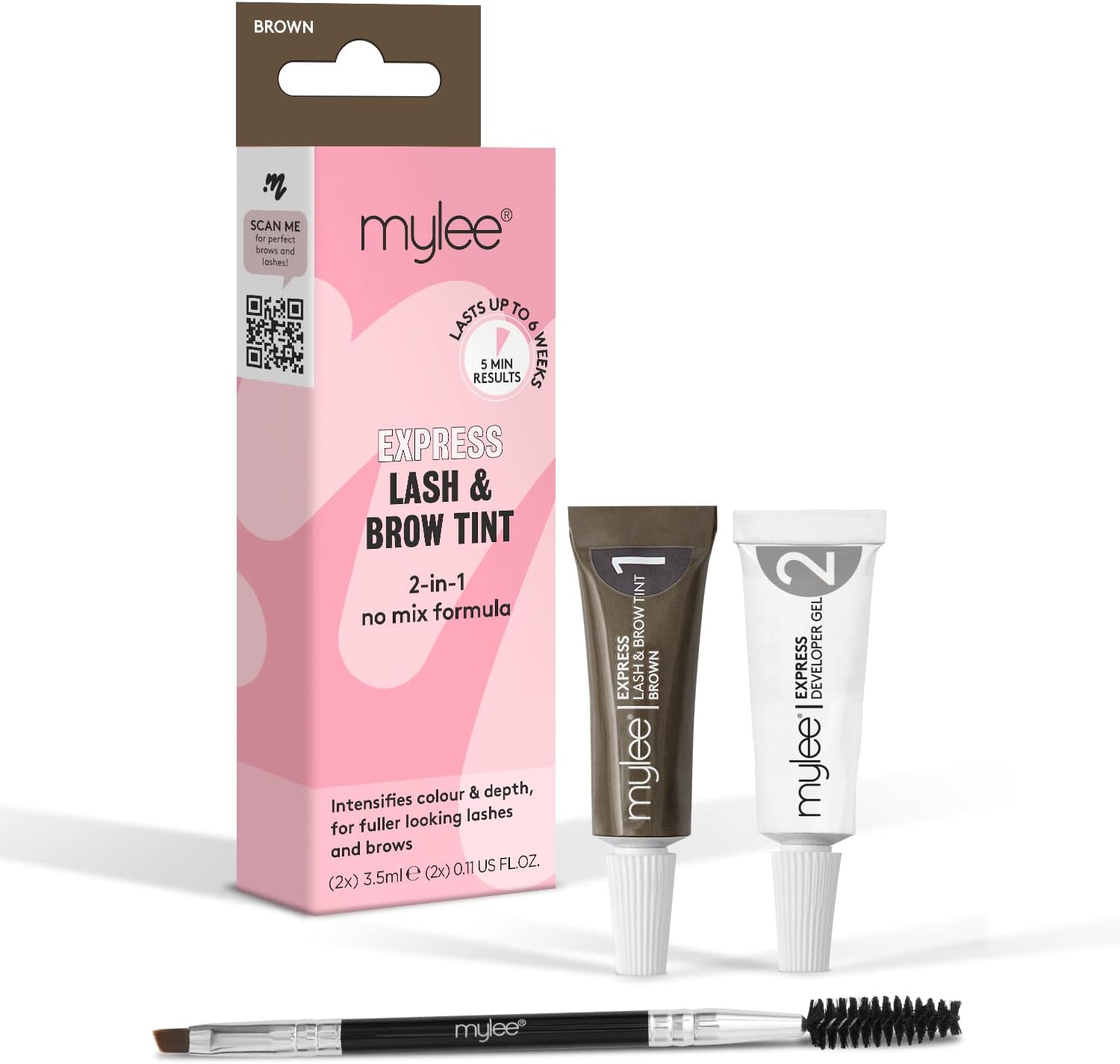 Mylee Express Lash & Brow Kit – 2 In 1 No Mix Formula, Tint + Developer Gel + Double Sided Brush, Professional Eyelash & Eyebrow Dye Tinting, Long Lasting, Semi-Permanent, Fast & Easy (Brown)
