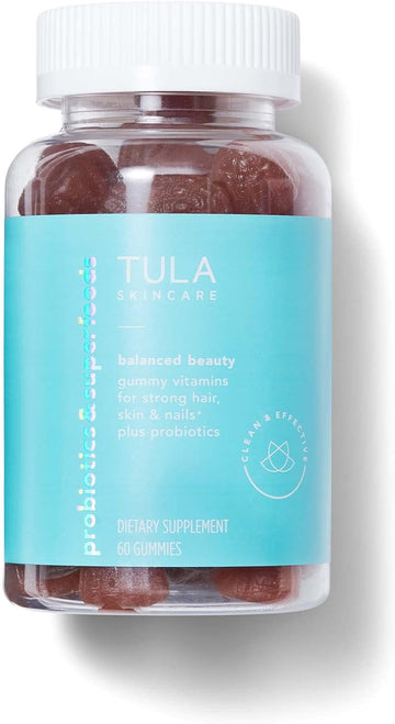 TULA Skin Care Balanced Beauty Gummy Vitamins - Biotin & Folic Acid Vitamins for Strong Skin Plus Probiotics, 30-Day Supply, 60 Gummies