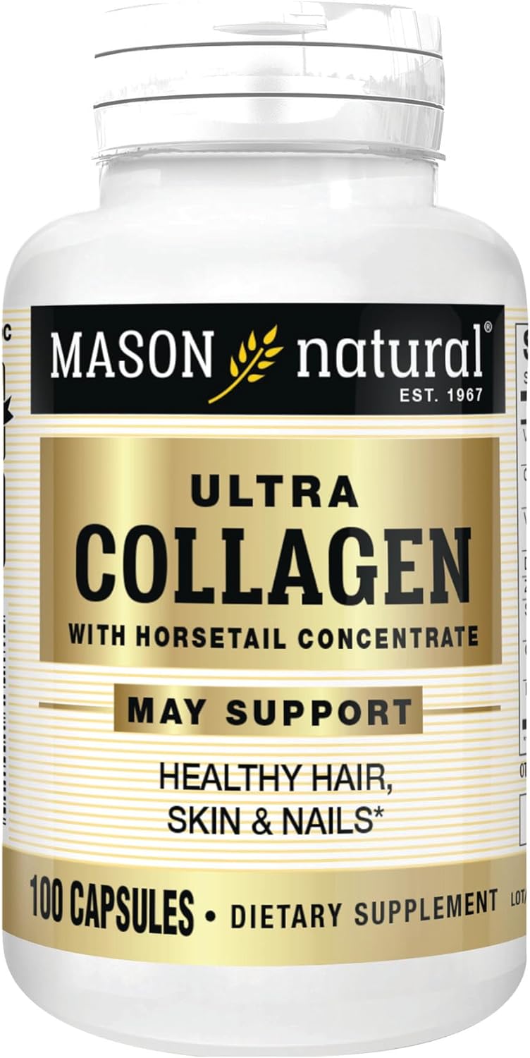 Mason Natural, Ultra Collagen Beauty Formula Capsules, 100-Count Bottle, Dietary Supplement Made With 100% Pure Collagen Supports Healthy, Flexible And Strong Skin And Tissue