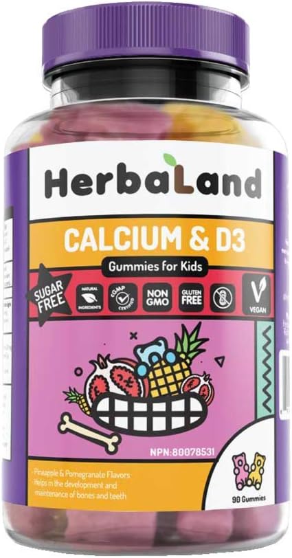 Herbaland Vegan Calcium Bears Gummies For Kids, Contains Calcium, Phosphorus, Vitamin D3, Sugar-Free And Gluten-Free – Strawberry Banana Flavor, 90 Count, Compostable Pouch : Health & Household