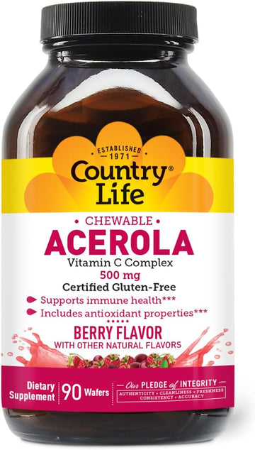 Country Life Acerola Vitamin C Complex, 500Mg, Chewable Berry Flavored Wafers, Supports Immune Health, 90 Wafers, Certified Gluten Free By Gfco, Certified Vegan By Ava