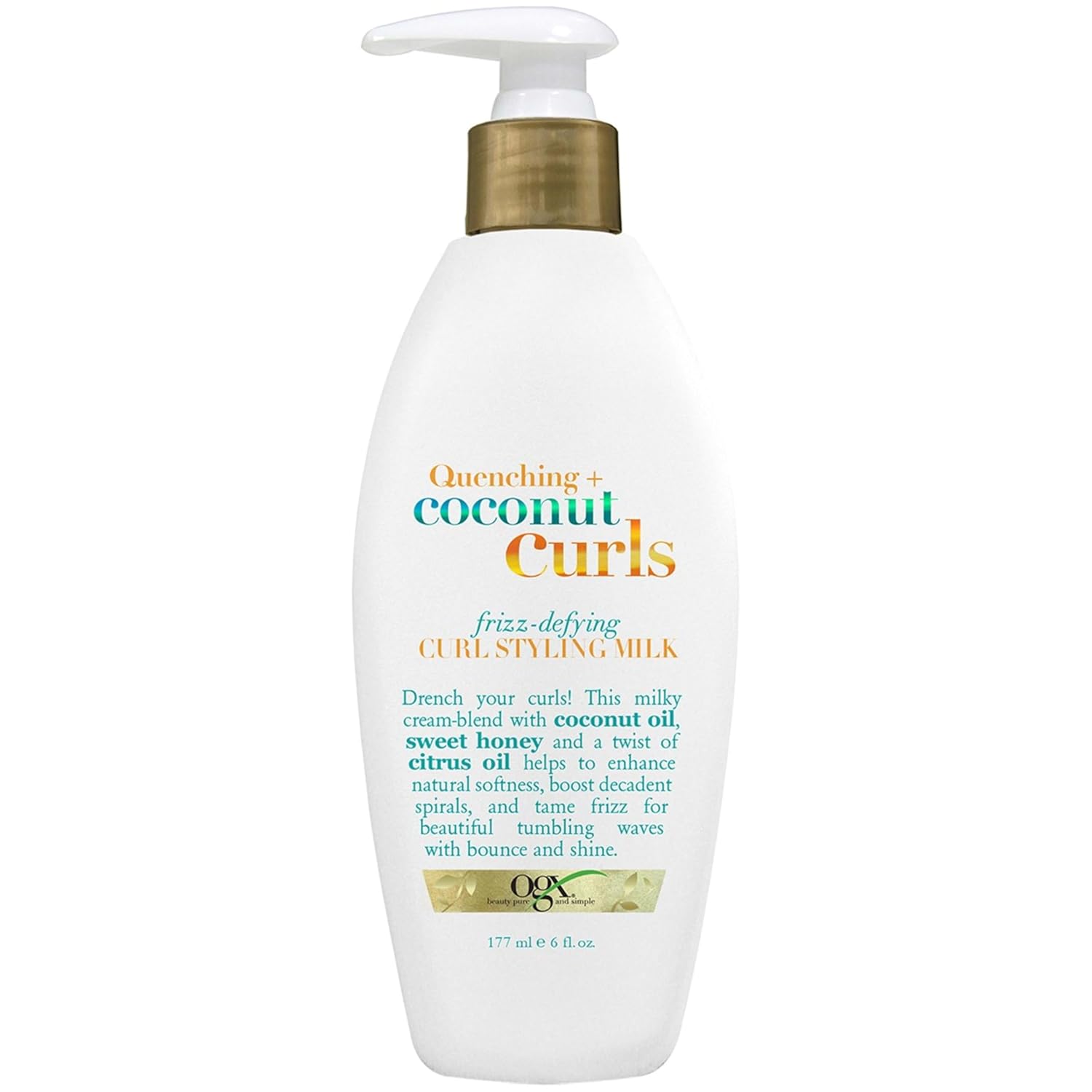 Ogx Quenching + Coconut Curls Frizz-Defying Styling Milk, Nourishing Leave-In Hair Treatment With Coconut, Citrus Oil & Honey, Paraben-Free And Sulfated-Surfactants Free, 6 Fl Oz