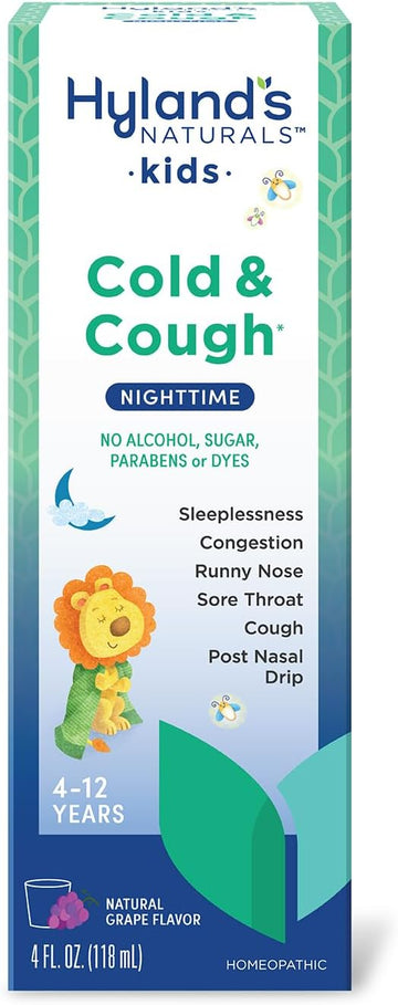 Hyland'S Kids Cold & Cough, Nighttime Grape Cough Syrup Medicine For Kids Ages 4+, Decongestant, Sore Throat, Allergy & Sleeplessness Relief Of Common Cold Symptoms, 4 Fl Oz