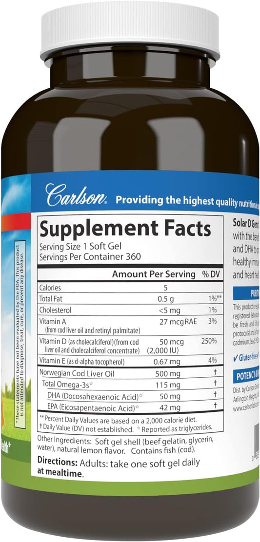 Carlson - Solar D Gems, Vitamin D3 and Omega-3 Supplement, 2000 IU (50 mcg) Vitamin D3, 115 mg Omega-3s EPA and DHA Supplement, Wild Caught, Sustainably Sourced, Lemon, 360 Softgels