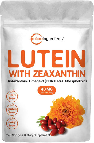 Micro Ingredients Lutein & Zeaxanthin 40Mg Softgels, 240 Count, With Astaxanthin, Omega-3S, & Phospholipids | Eye + Vision Health Vitamins | Third Party Tested, Non-Gmo, Gluten Free