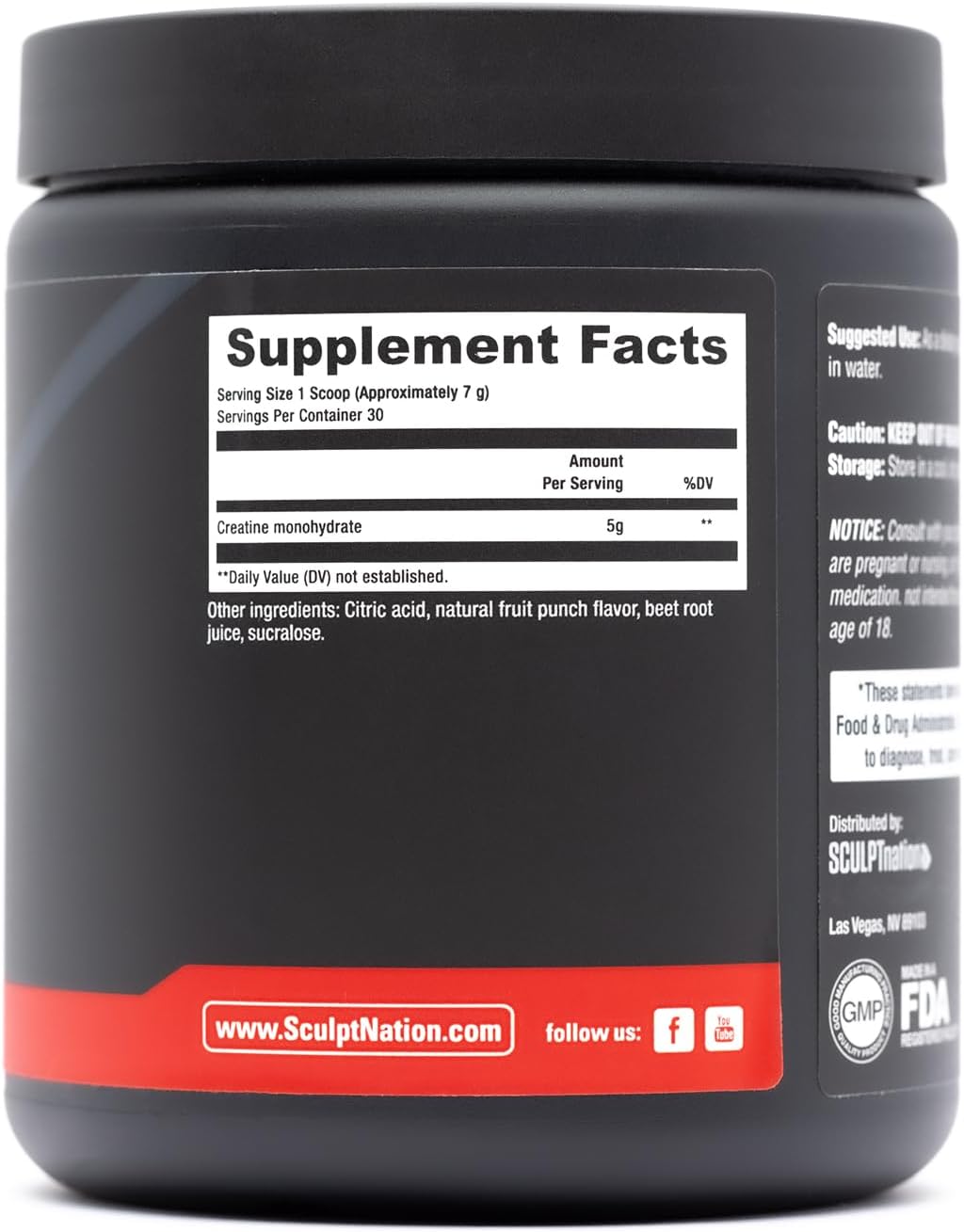 Sculpt Nation by V Shred Creatine - Premium Creatine Monohydrate Powder to Support Muscles, Energy, and Brain Function, Fruit Punch Flavored Creatine - 30 Servings : Health & Household