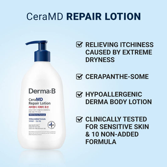 Derma B Ceramd Repair Lotion, Unscented Ceramide Panthenol Body Moisturizer, Fragrance Free, 13.52 Fl. Oz., 400Ml