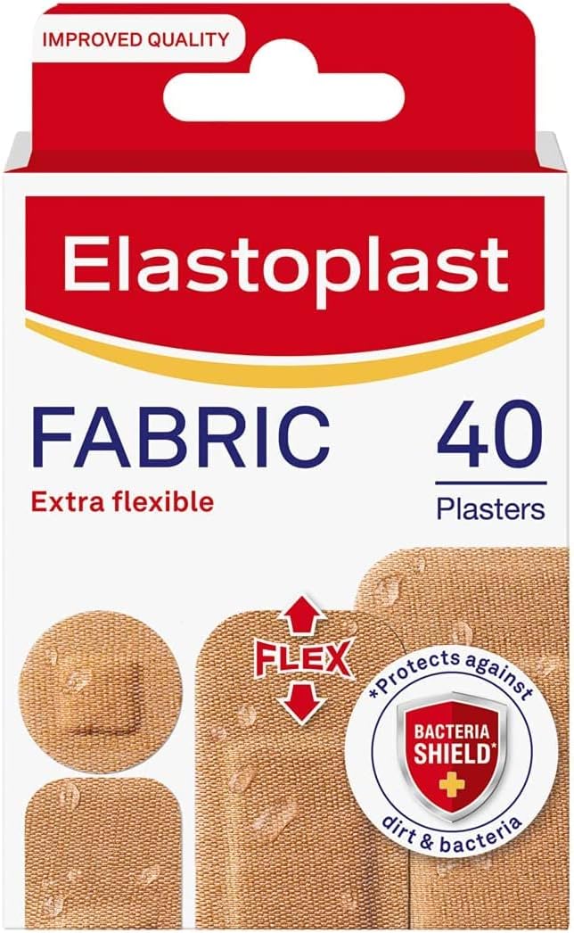 Elastoplast Extra Flexible Fabric Plaster Strips (40 Pieces), Breathable Large Plasters (Pack Of 4)