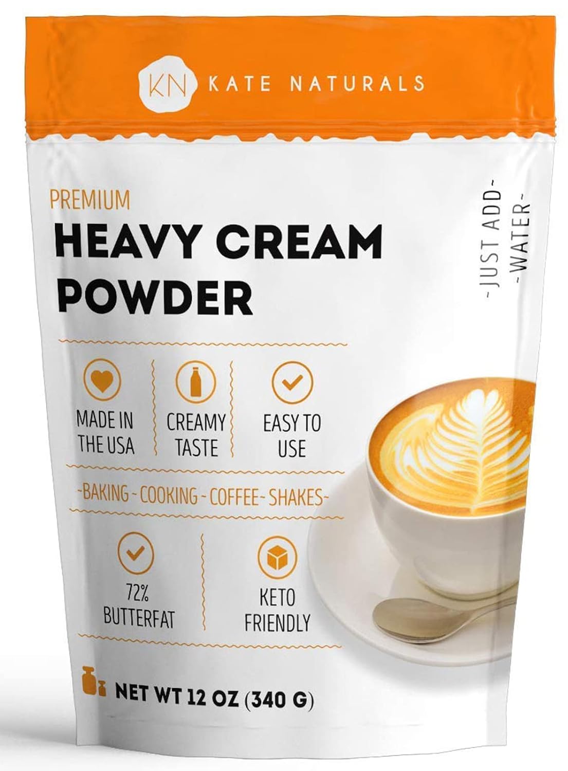 Kate Naturals Heavy Cream Powder for Coffee & Heavy Whipping Cream (12oz). Powdered Heavy Cream for Sour Cream Powder, Butter, Clotted Cream, and Whipped Cream. Instant Creamer for Coffee & Keto