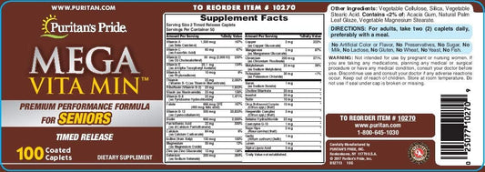 Puritan's Pride Mega Vita Min Multivitamin for Seniors Timed Release with Zinc-100 Coated Caplets